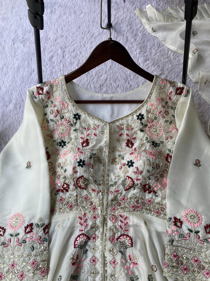 White traditional festive ensemble with embroidered top, matching plazzo and elegant dupatta – WishTown Fashion Club