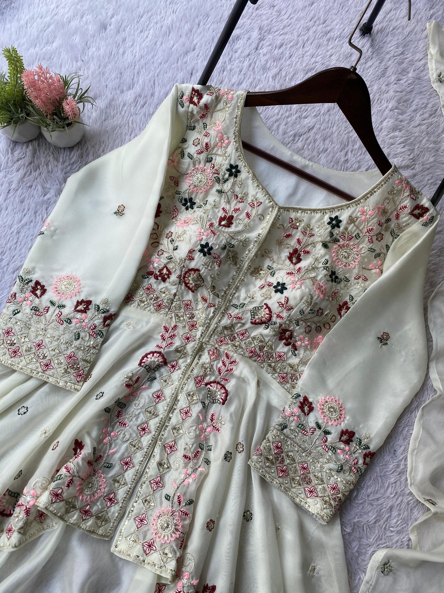 White premium Rangoli silk outfit featuring sequined top, stitched plazzo and refined dupatta – WishTown Fashion Club