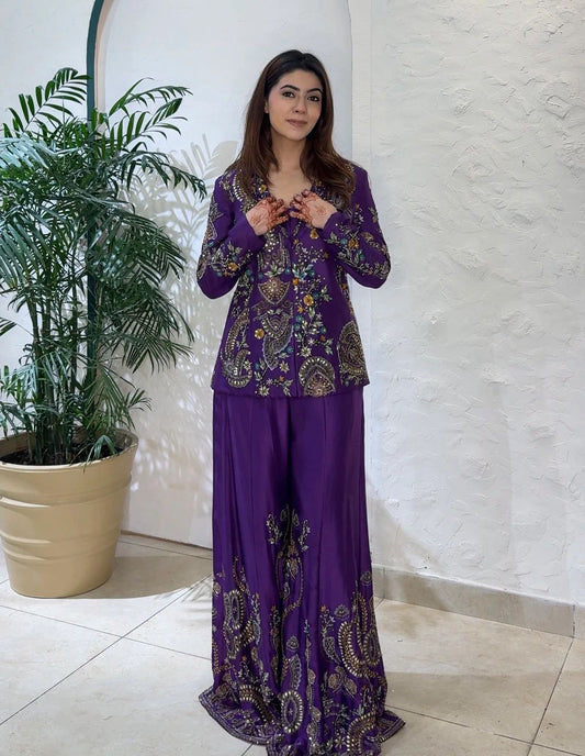 Purple Chinon embroidered koti with matching stitched plazzo and blouse for party and wedding wear – WishTown Fashion Club