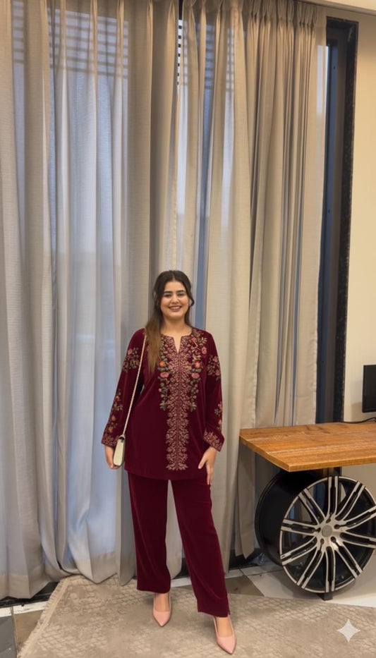 Maroon velvet embroidered winter co-ord set with stitched plazzo and micro lining – WishTown Fashion Club