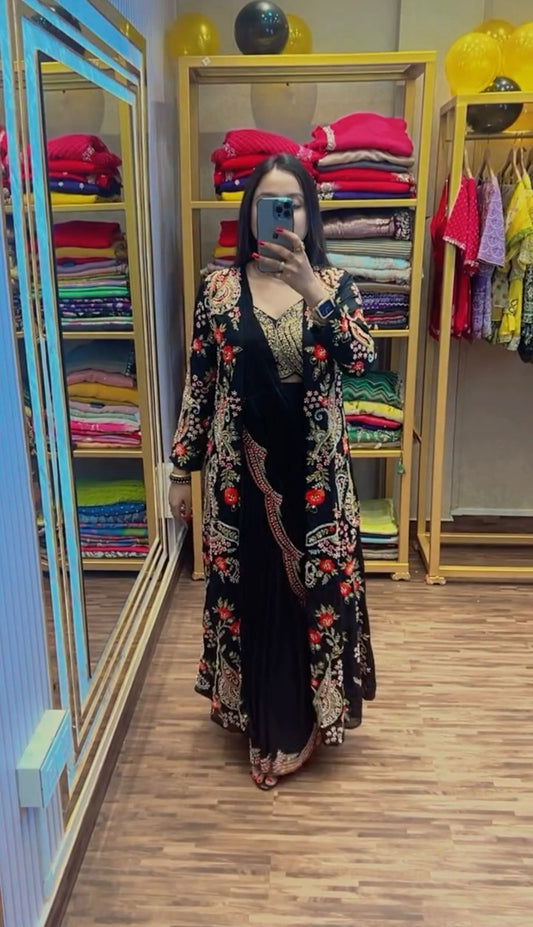 Black Jimmy organza corset lehenga set with digital prints, handcrafted work and 8-meter flare – WishTown Fashion Club