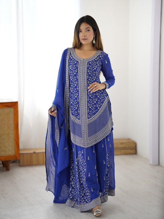 Blue faux georgette and shaded chinon silk three-piece set with sequin and thread embroidery shown in real-model shoot – WishTown Fashion Club