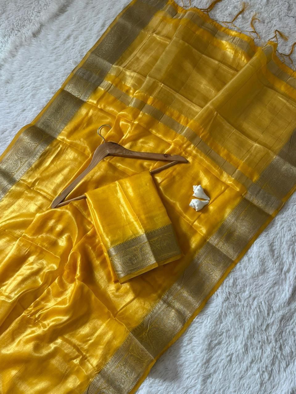 Elegant yellow Space Silk saree featuring luxurious soft shine and traditional zari pallu design, perfect for parties and celebrations – WishTown Fashion Club