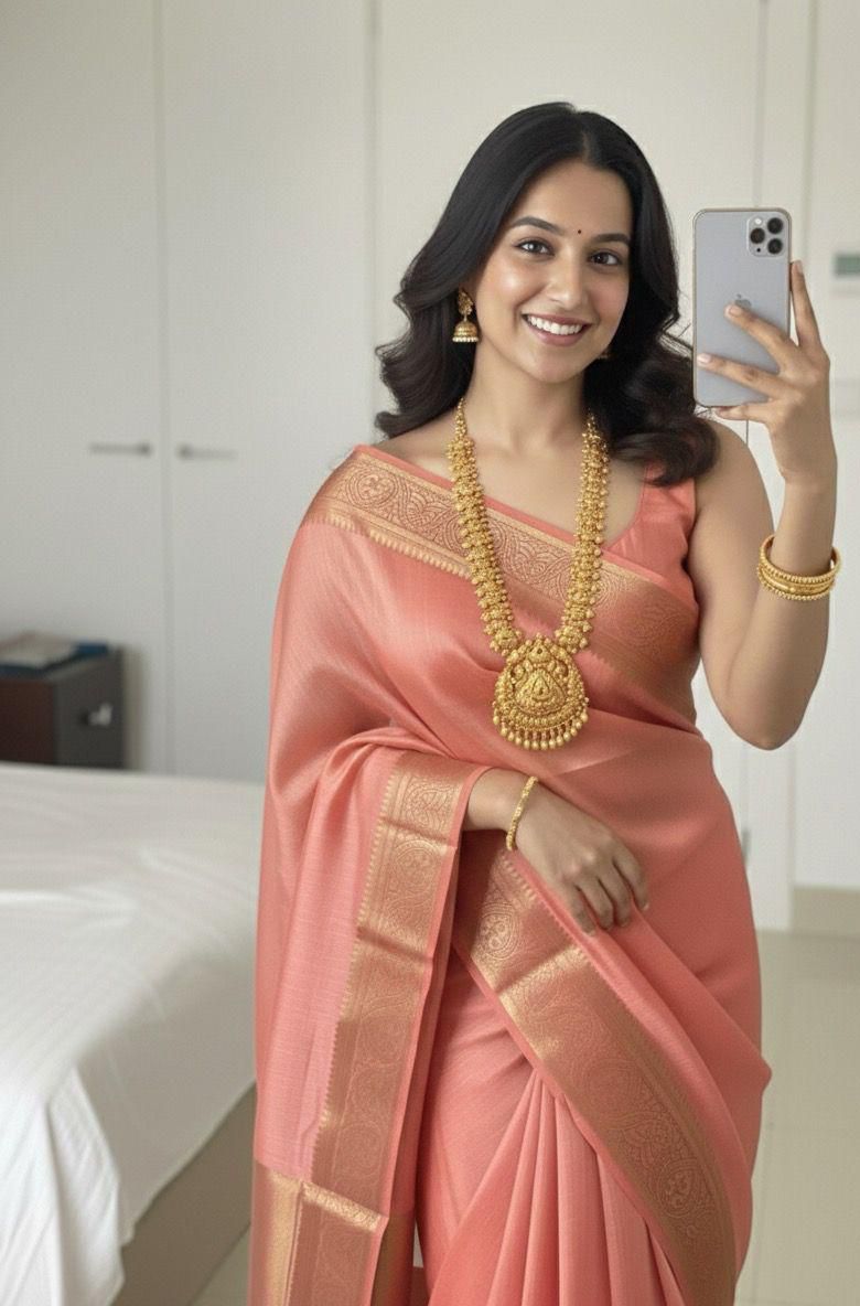 Peach pink super shine Space Silk saree with luxurious drape and pure zari detailing, ideal for festive, party and wedding wear – WishTown Fashion Club