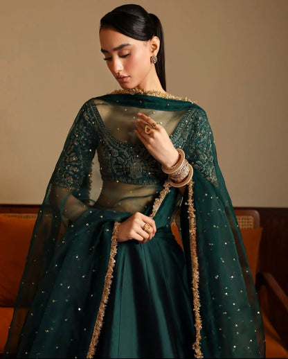 Green satin lehenga for women with 4.5 meter flair paired with designer embroidery blouse and dupatta – WishTown Fashion Club