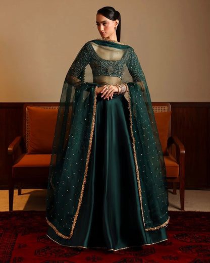 Green malai satin plain lehenga with can-can and embroidered blouse, paired with net dupatta – WishTown Fashion Club