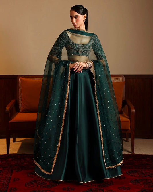 Green malai satin plain lehenga with can-can and embroidered blouse, paired with net dupatta – WishTown Fashion Club