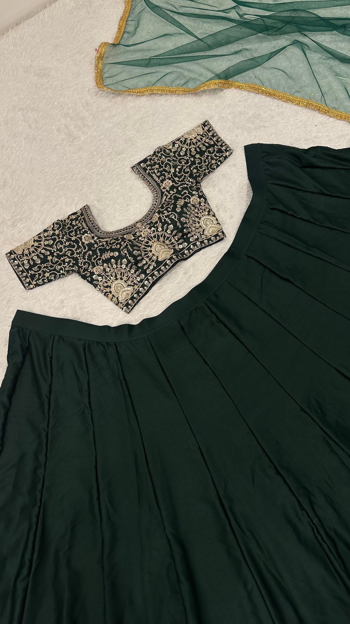 Green ethnic lehenga outfit for women with plain satin skirt, embroidered blouse and designer net dupatta – WishTown Fashion Club