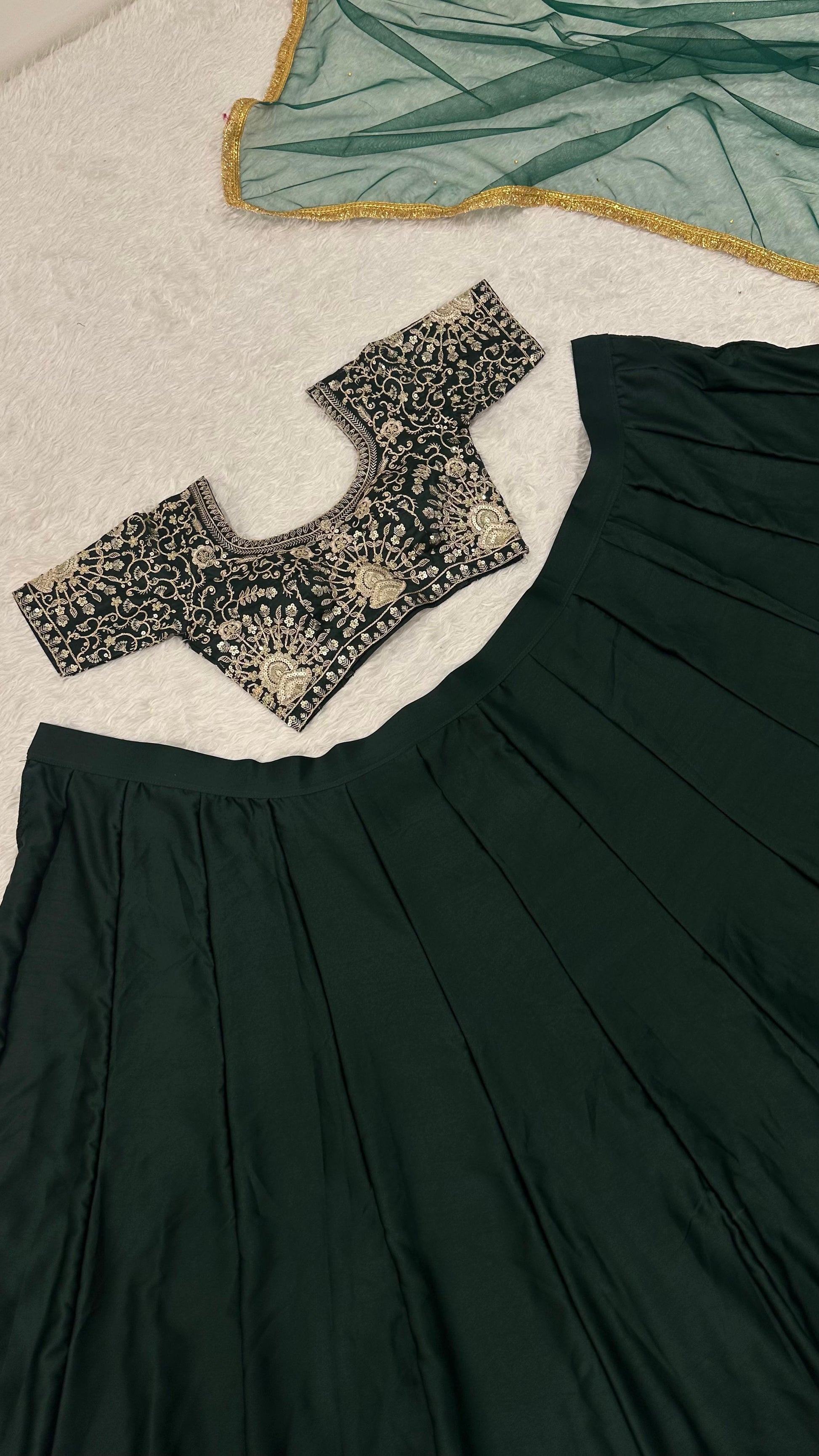 Green ethnic lehenga outfit for women with plain satin skirt, embroidered blouse and designer net dupatta – WishTown Fashion Club