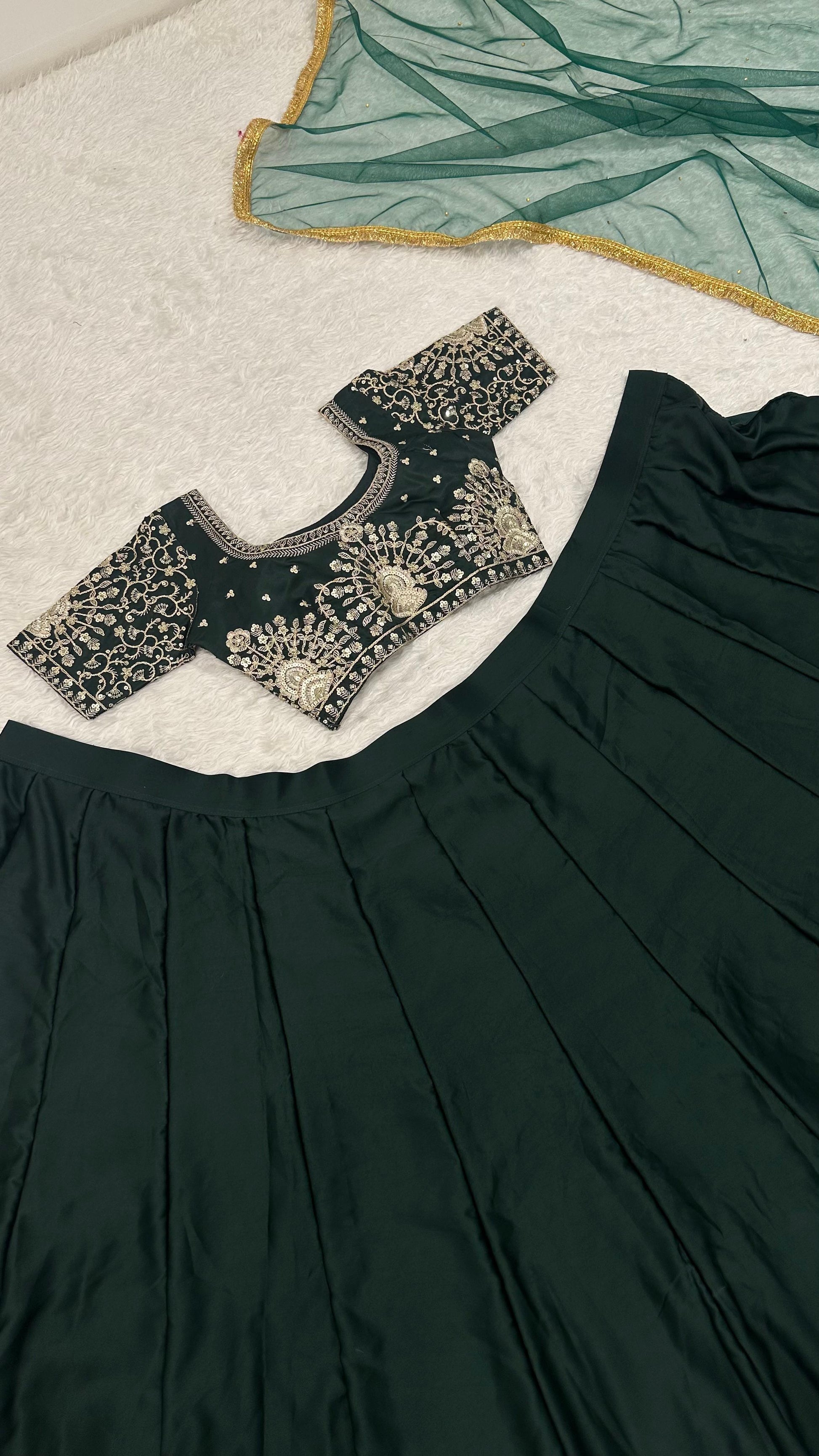 Stylish green satin lehenga set with unstitched embroidered blouse and stone-detailed dupatta – WishTown Fashion Club