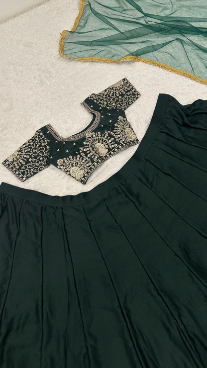 Stylish green satin lehenga set with unstitched embroidered blouse and stone-detailed dupatta – WishTown Fashion Club