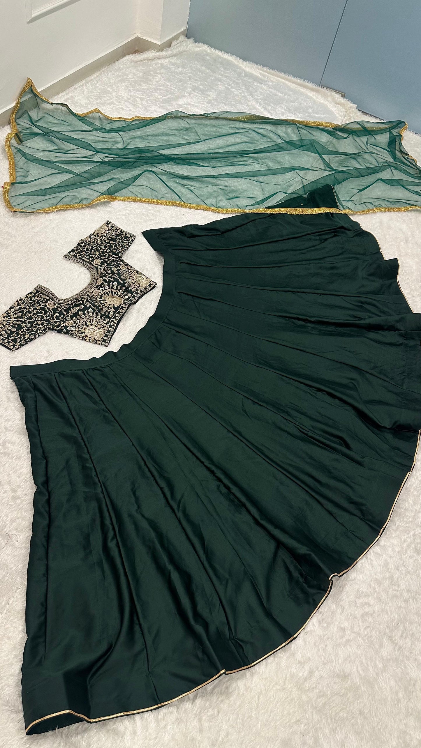 Women’s green malai satin lehenga with attached can-can and sequin-zari embroidered blouse – WishTown Fashion Club