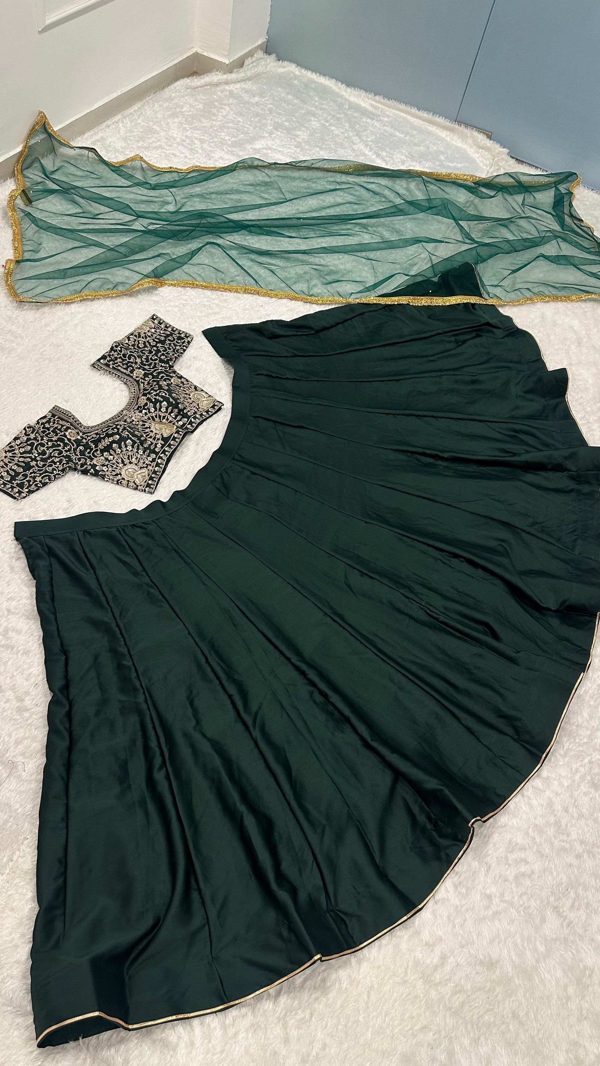 Women’s green malai satin lehenga with attached can-can and sequin-zari embroidered blouse – WishTown Fashion Club