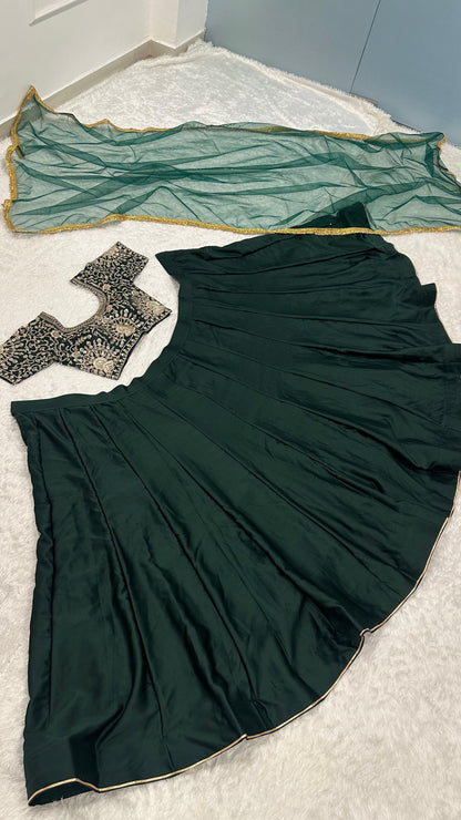Women’s green malai satin lehenga with attached can-can and sequin-zari embroidered blouse – WishTown Fashion Club