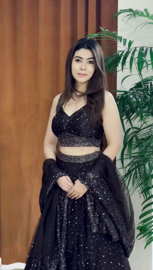 Women’s black embroidered net lehenga set featuring sequins-zari work and attached can-can – WishTown Fashion Club