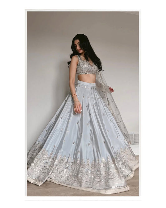 Dark silver satin silk lehenga with sequins, dori and zari embroidery paired with matching blouse and dupatta – WishTown Fashion Club