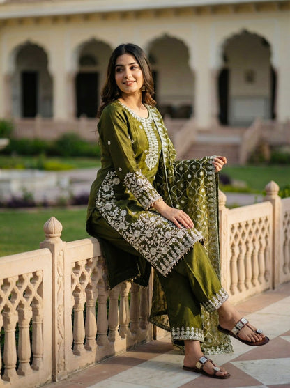 Green GMY silk sequin embroidered top matched with comfortable elastic waist plazzo and lace-detailed dupatta – WishTown Fashion Club