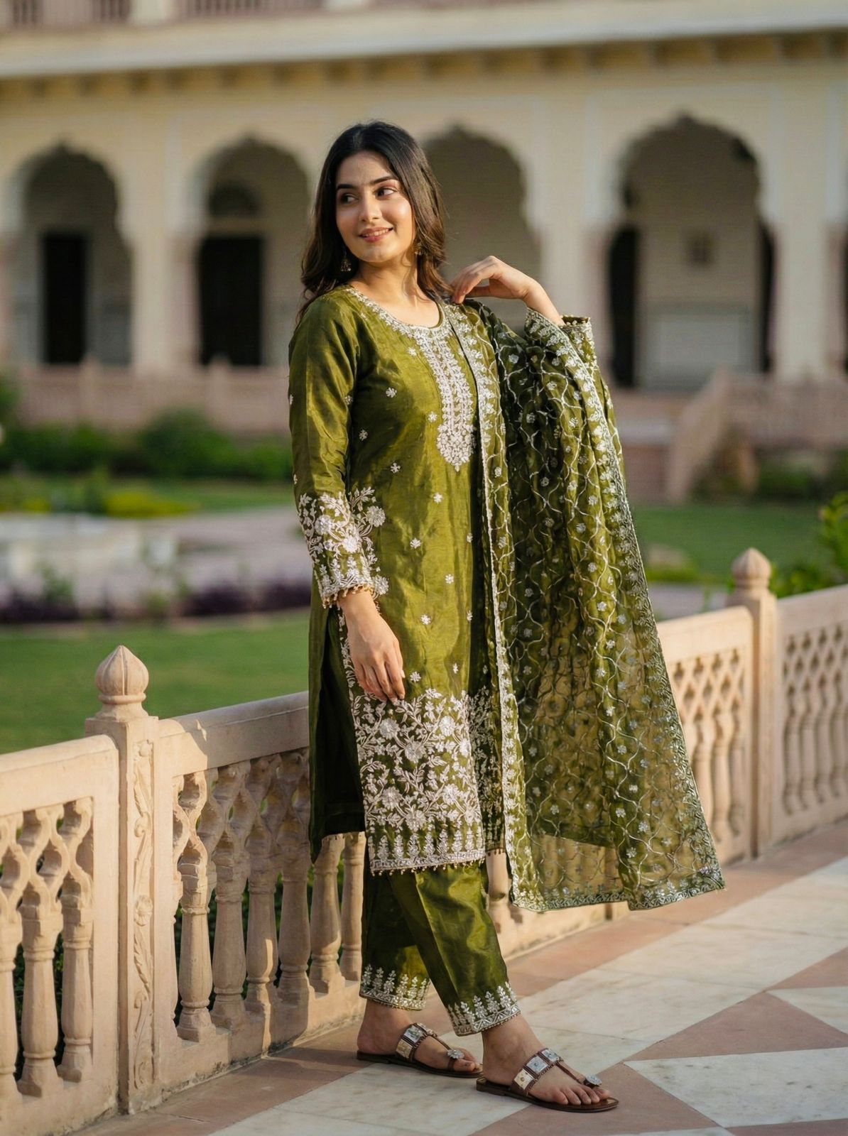 Green elegant festive suit set with micro cotton inner, heavy embroidery and coordinated silk dupatta – WishTown Fashion Club