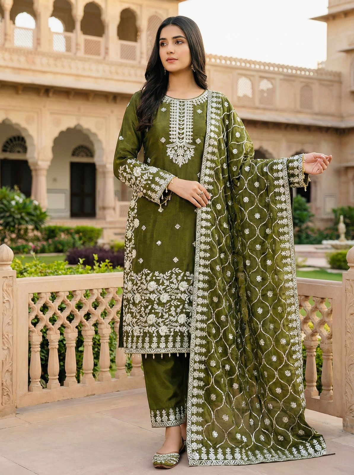 Green heavy embroidered party wear top and plazzo set with premium silk dupatta, perfect for weddings and events – WishTown Fashion Club