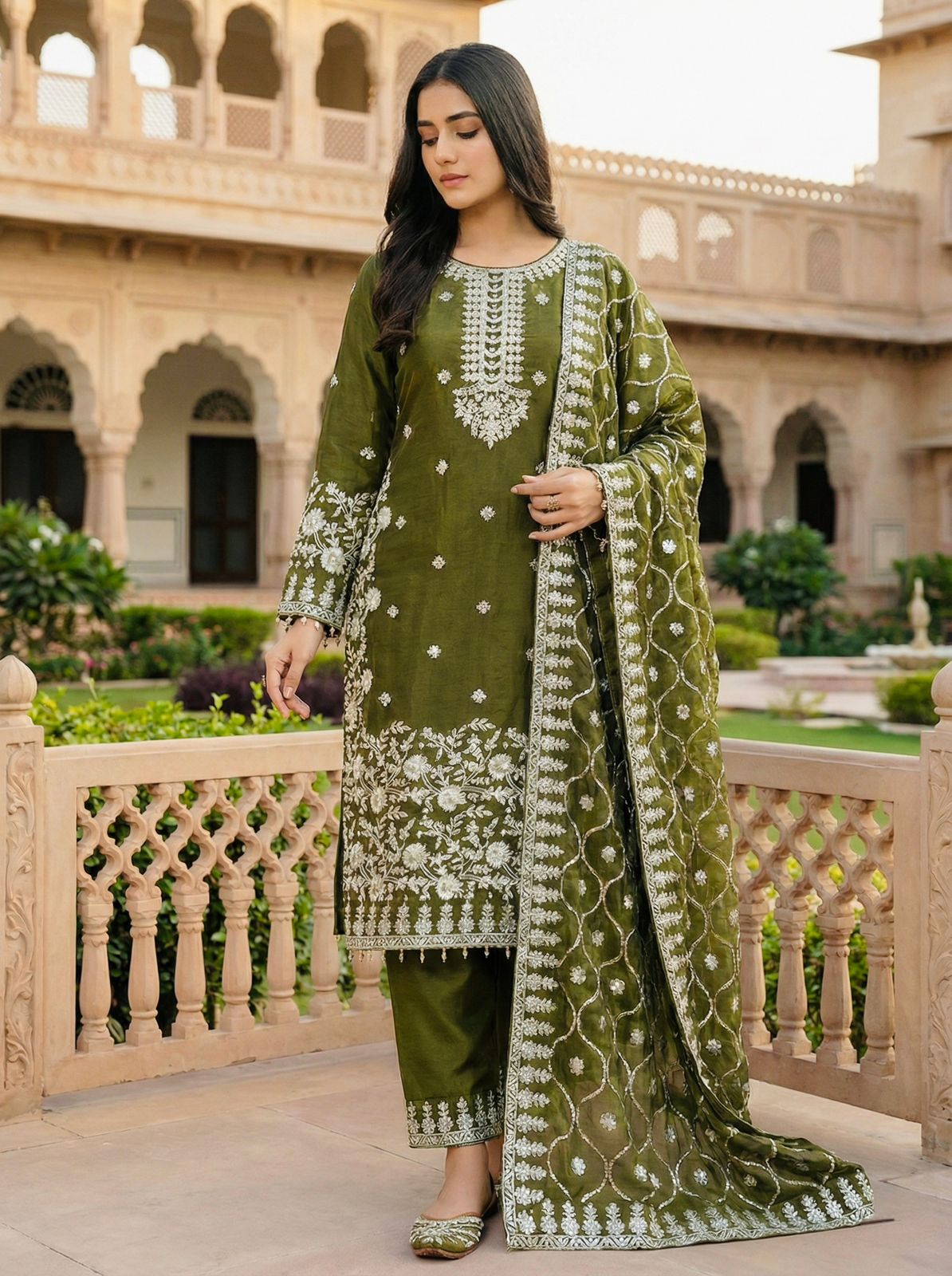 Green GMY silk designer 3-piece set with heavy embroidery and sequin detailing, ideal for festive and party wear – WishTown Fashion Club