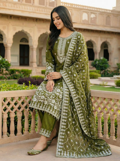 Green fully stitched embroidered top with full sleeves paired with matching embroidered plazzo and silk dupatta – WishTown Fashion Club