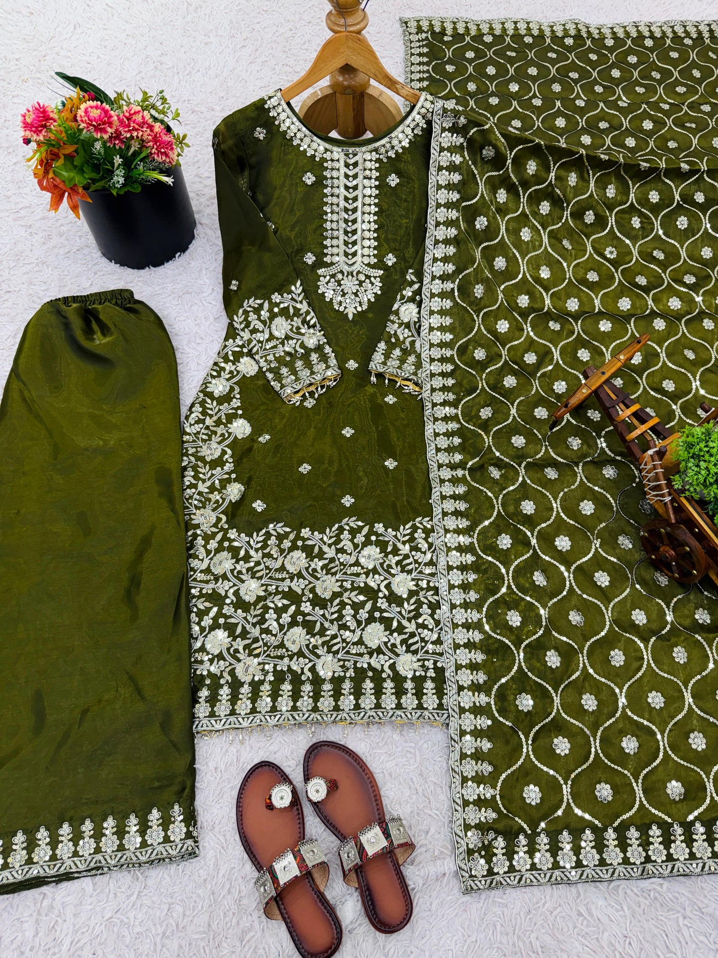 Green luxury GMY silk designer attire with sequin and thread work, embroidered plazzo and soft dupatta – WishTown Fashion Club