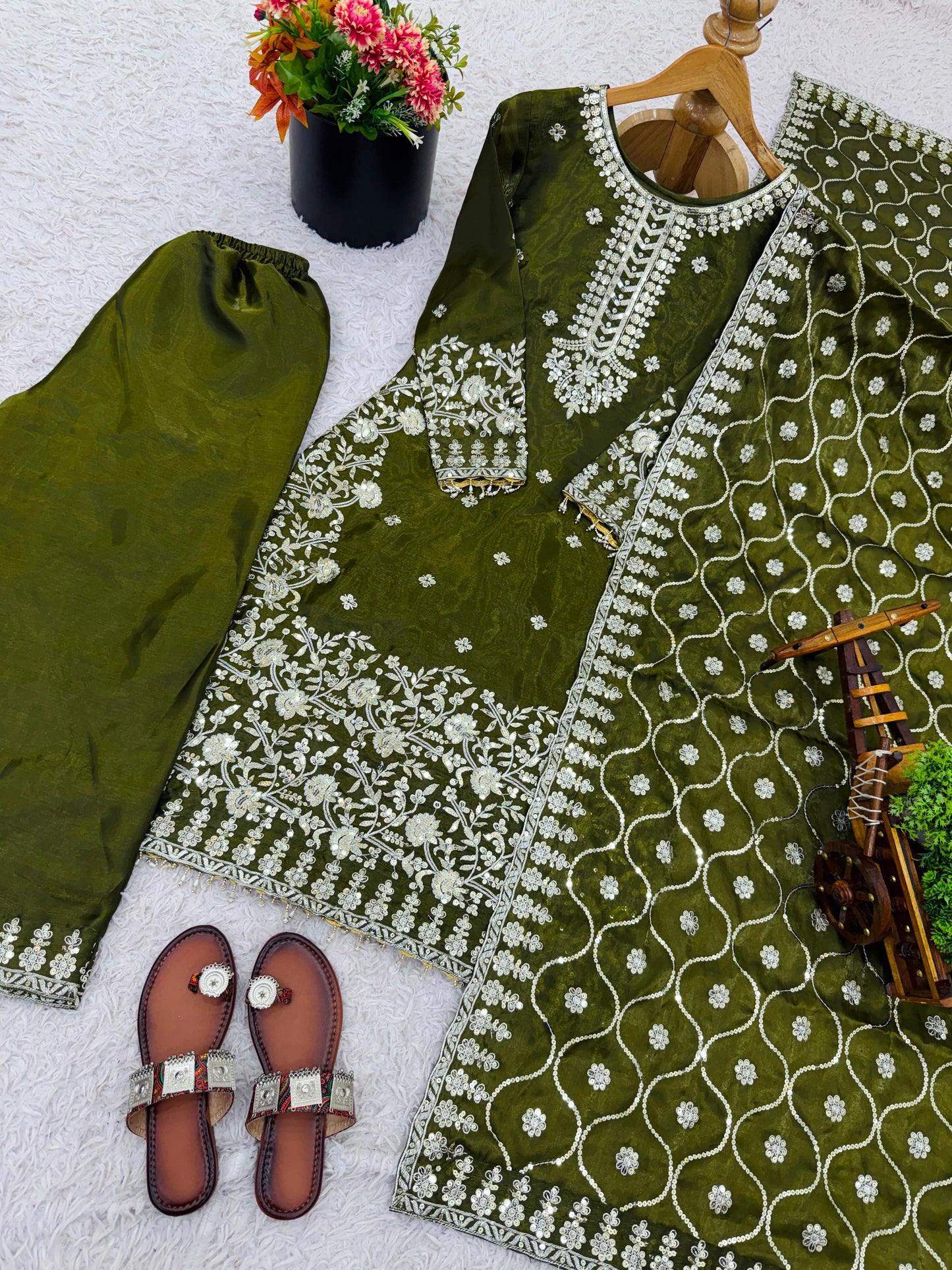 Green festive wear GMY silk outfit with sequin work top, elasticated plazzo and soft dupatta for celebrations – WishTown Fashion Club