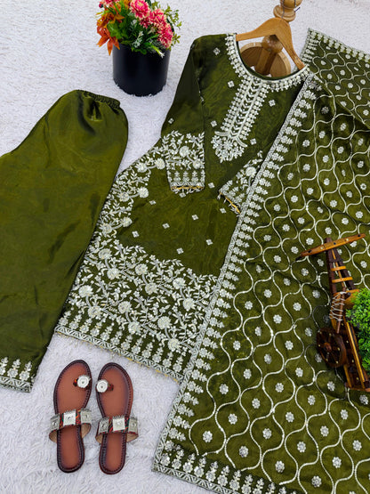Green festive wear GMY silk outfit with sequin work top, elasticated plazzo and soft dupatta for celebrations – WishTown Fashion Club