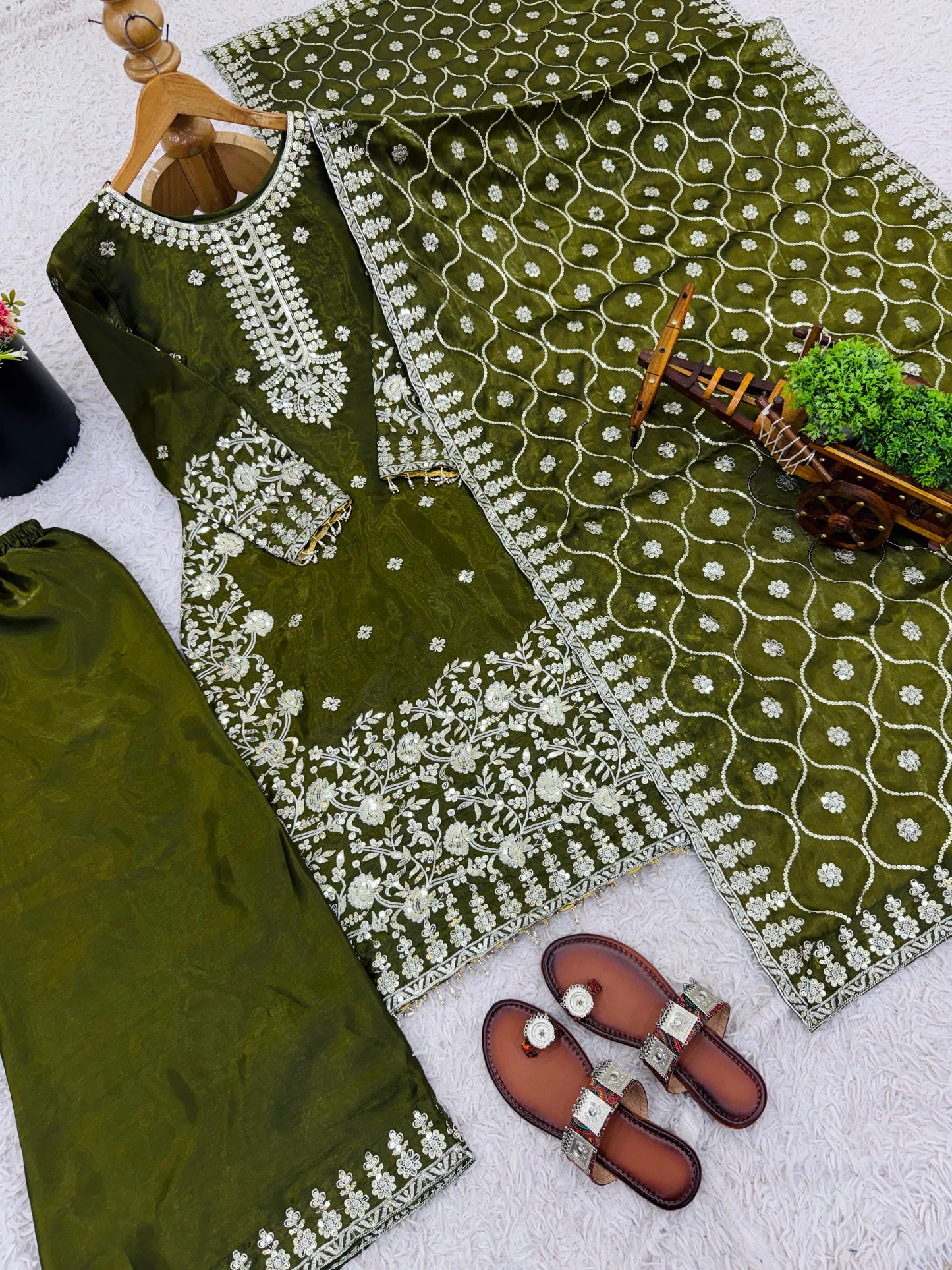Green premium GMY silk top–plazzo–dupatta set featuring elegant sequin embroidery and lace-bordered dupatta – WishTown Fashion Club