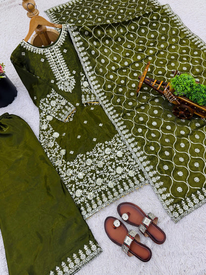 Green premium GMY silk top–plazzo–dupatta set featuring elegant sequin embroidery and lace-bordered dupatta – WishTown Fashion Club