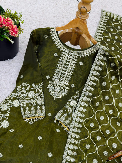 Green premium embroidered GMY silk top–plazzo set with sequins and lace finish dupatta for festive gatherings – WishTown Fashion Club