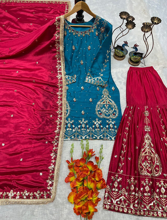 Blue heavy chinon silk embroidered kurta with maroon embroidered plazzo and matching maroon dupatta – WishTown Fashion Club