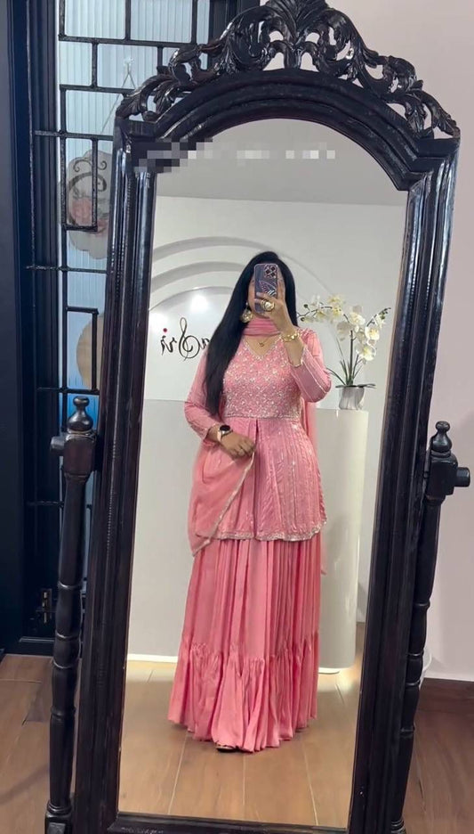 Peach pink chinon embroidered crop top with matching 5-meter flair lehenga and dupatta – WishTown Fashion Club