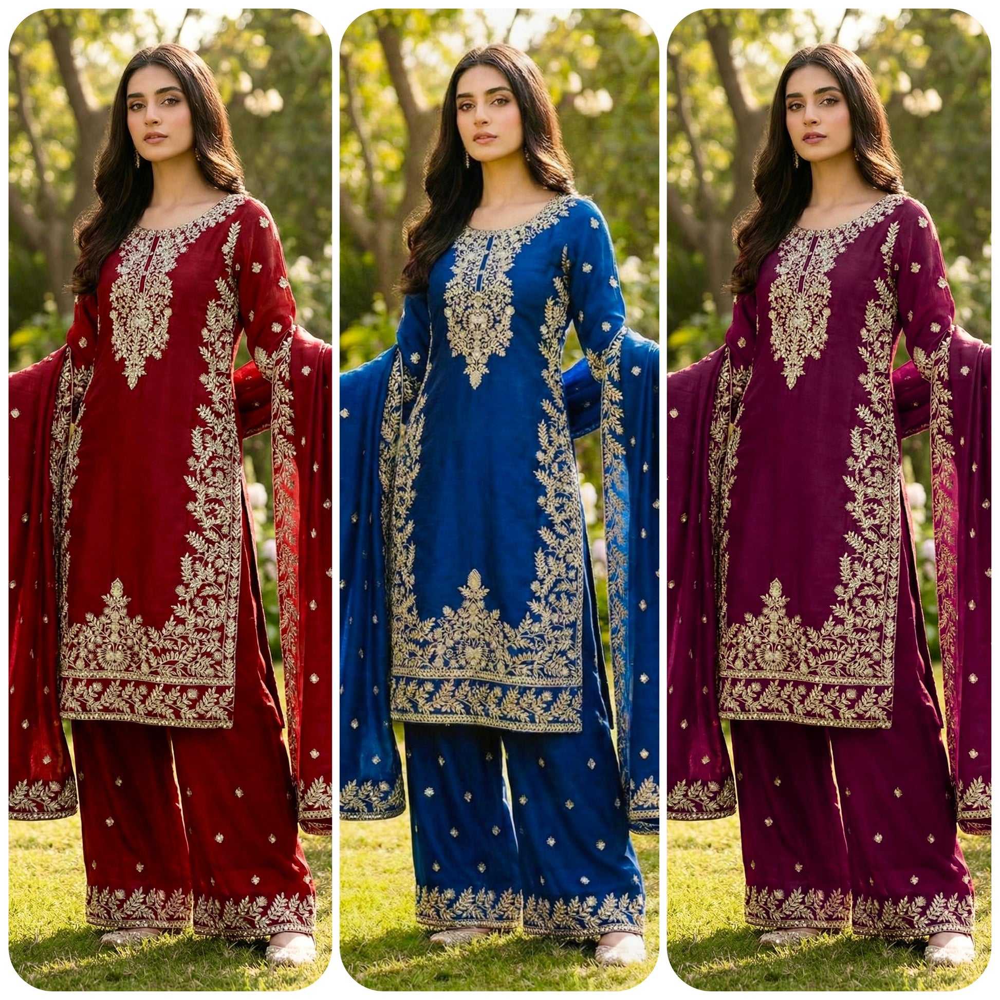 Wine, red and navy GMY silk embroidered top palazzo dupatta sets displayed together – festive women’s collection – WishTown Fashion Club