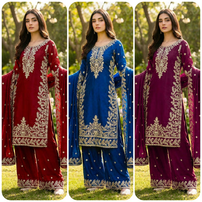 Wine, red and navy GMY silk embroidered top palazzo dupatta sets displayed together – festive women’s collection – WishTown Fashion Club