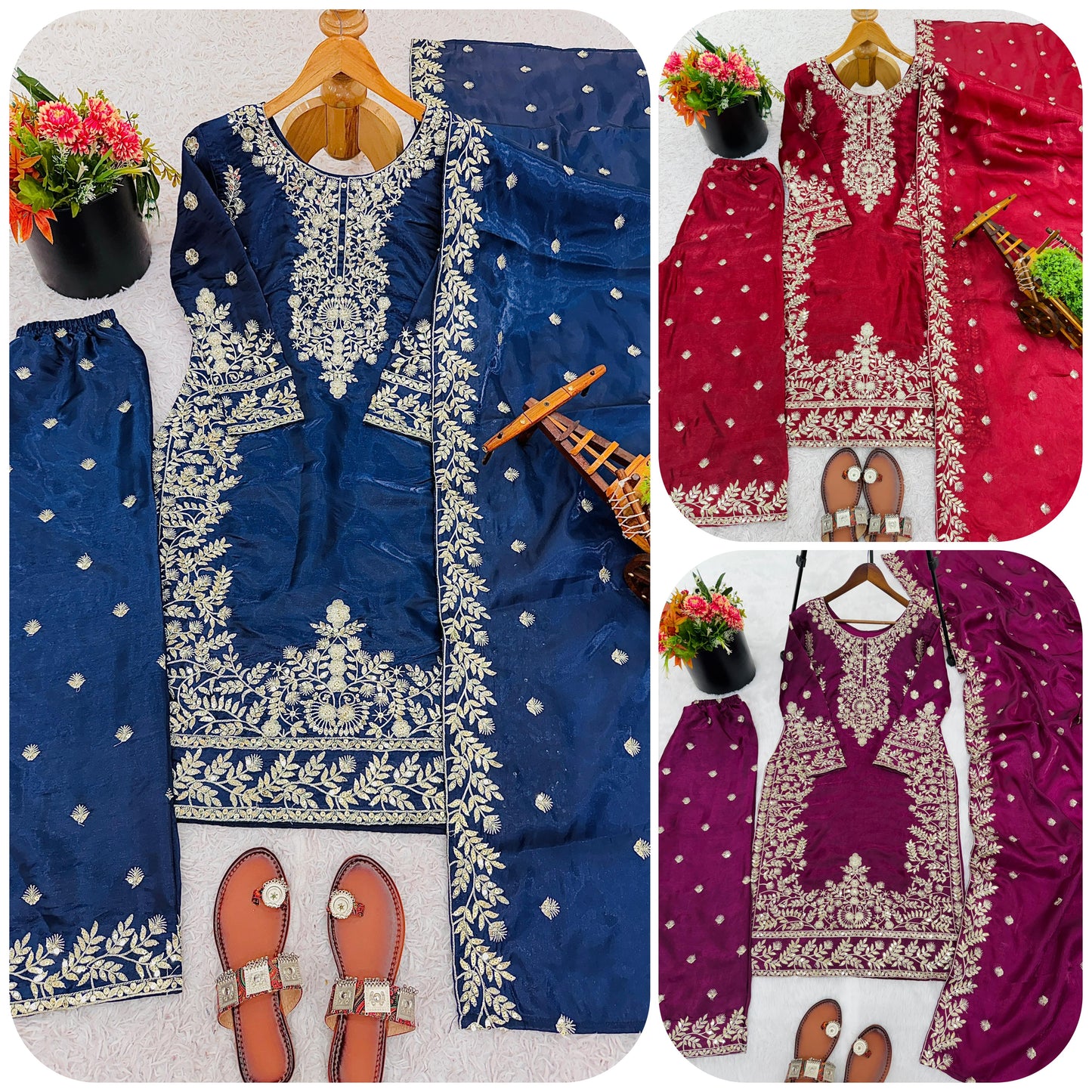 Assorted GMY silk ethnic sets in wine, red and navy colors featuring heavy embroidery sequence work – WishTown Fashion Club