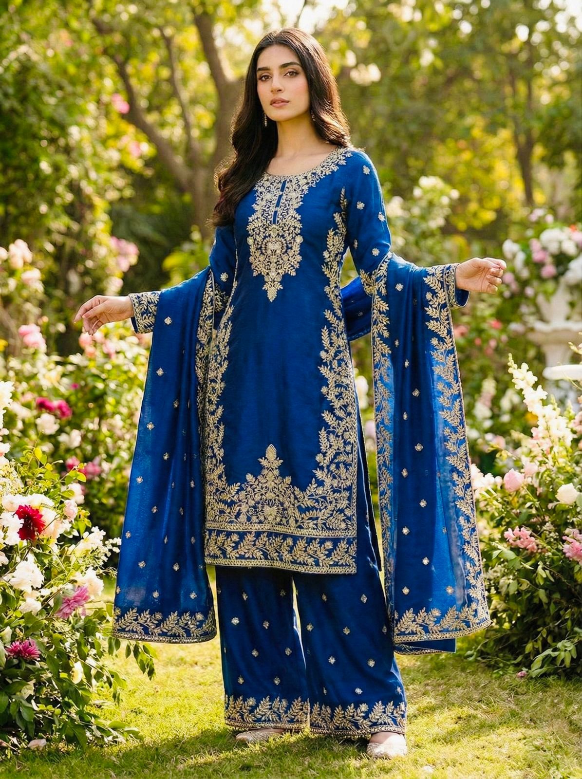 Navy GMY silk embroidered top and palazzo with matching dupatta – fully stitched ethnic wear set – WishTown Fashion Club