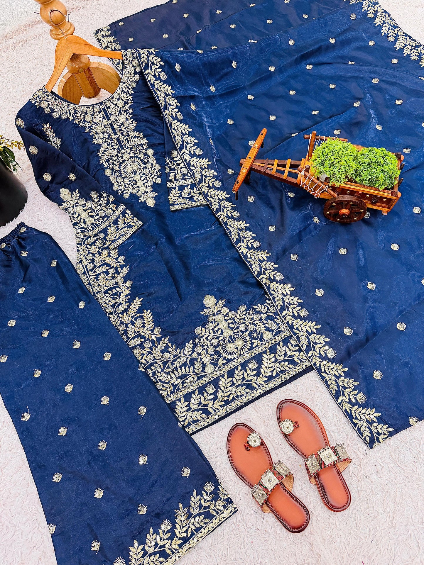 Elegant navy embroidered GMY silk top with stitched palazzo and sequence work dupatta – WishTown Fashion Club