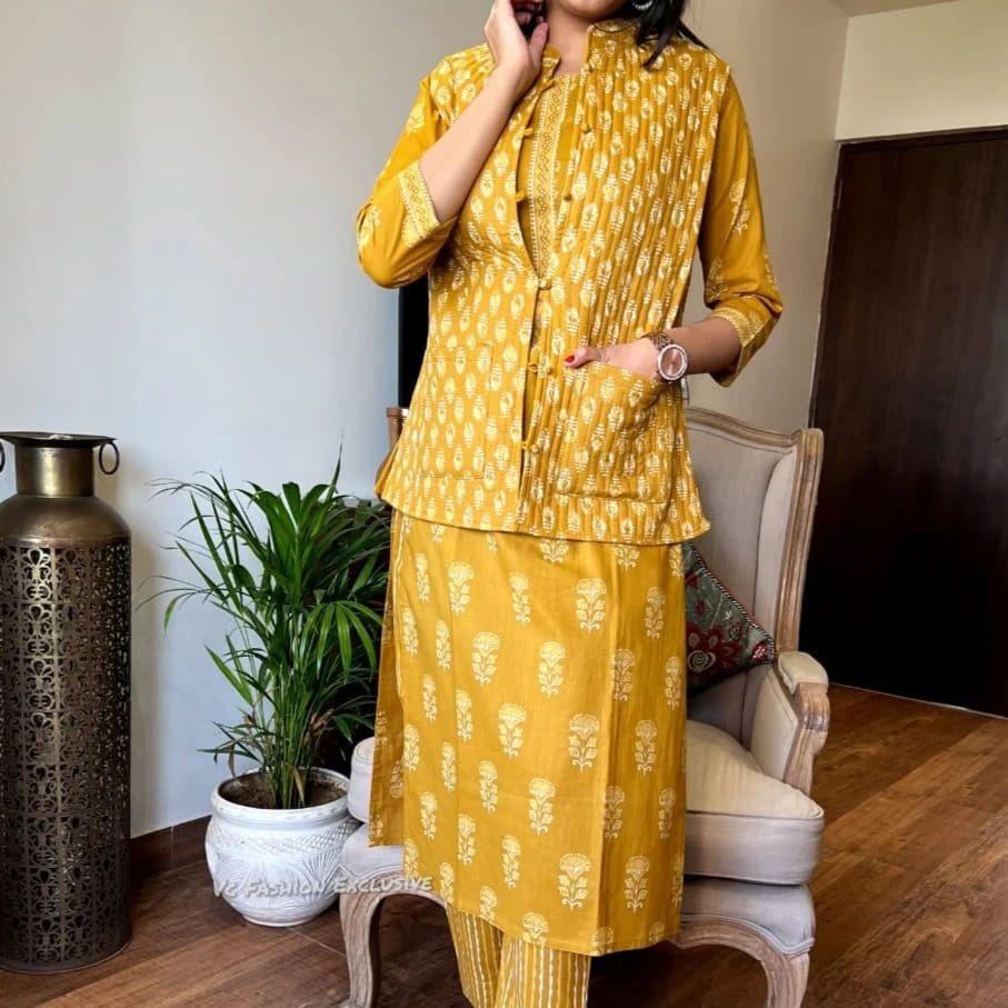 Mustard Yellow cotton kurti with straight-fit pant winter outfit side view – WishTown Fashion Club