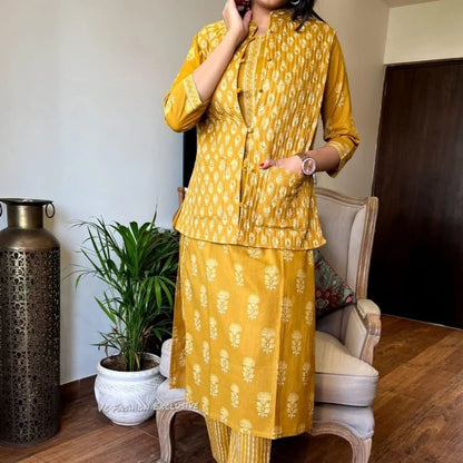 Mustard Yellow cotton kurti with straight-fit pant winter outfit side view – WishTown Fashion Club