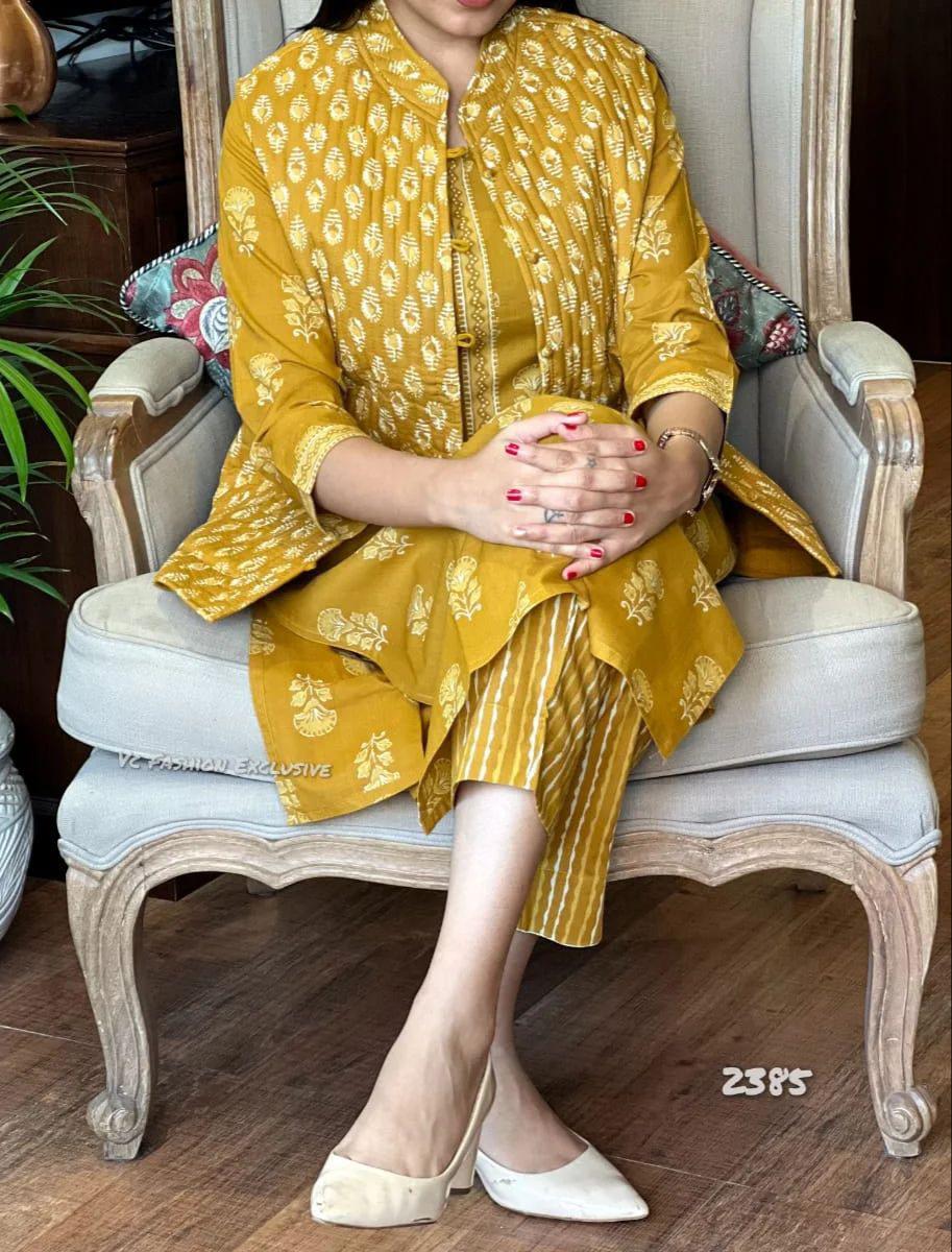 Mustard Yellow winter kurti pant set highlighting soft quilted cotton jacket – WishTown Fashion Club