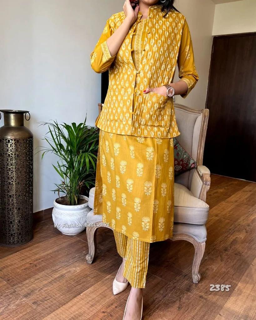 Mustard Yellow cotton kurti pant set with quilted cotton jacket front view – WishTown Fashion Club