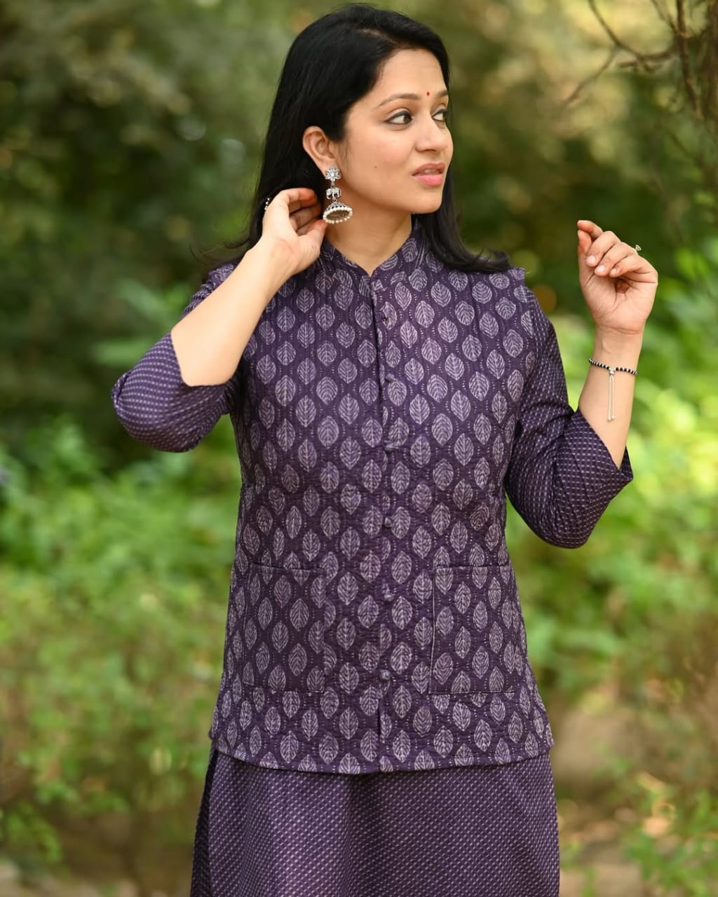 Purple ethnic winter kurti pant jacket set back view – WishTown Fashion Club
