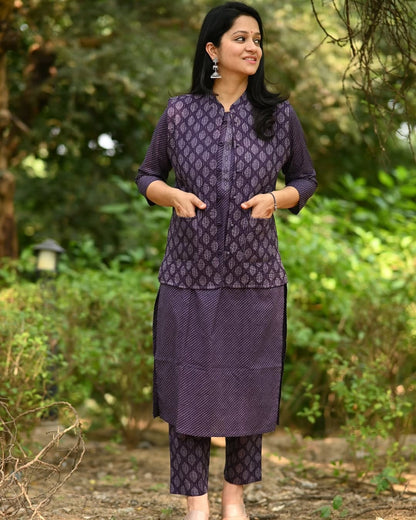 Purple cotton kurti pant set with quilted cotton jacket front view – WishTown Fashion Club