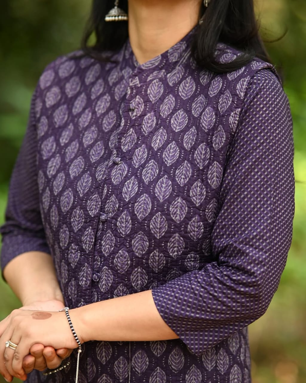 Purple cotton kurti pant set with quilted jacket styled for winter wear – WishTown Fashion Club
