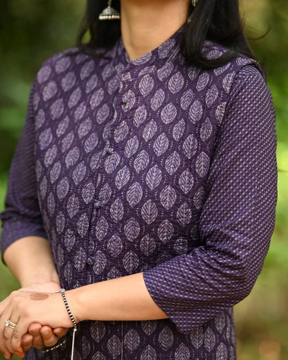 Purple cotton kurti pant set with quilted jacket styled for winter wear – WishTown Fashion Club