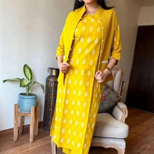 yellow cotton kurti pant set with quilted cotton jacket front view – WishTown Fashion Club