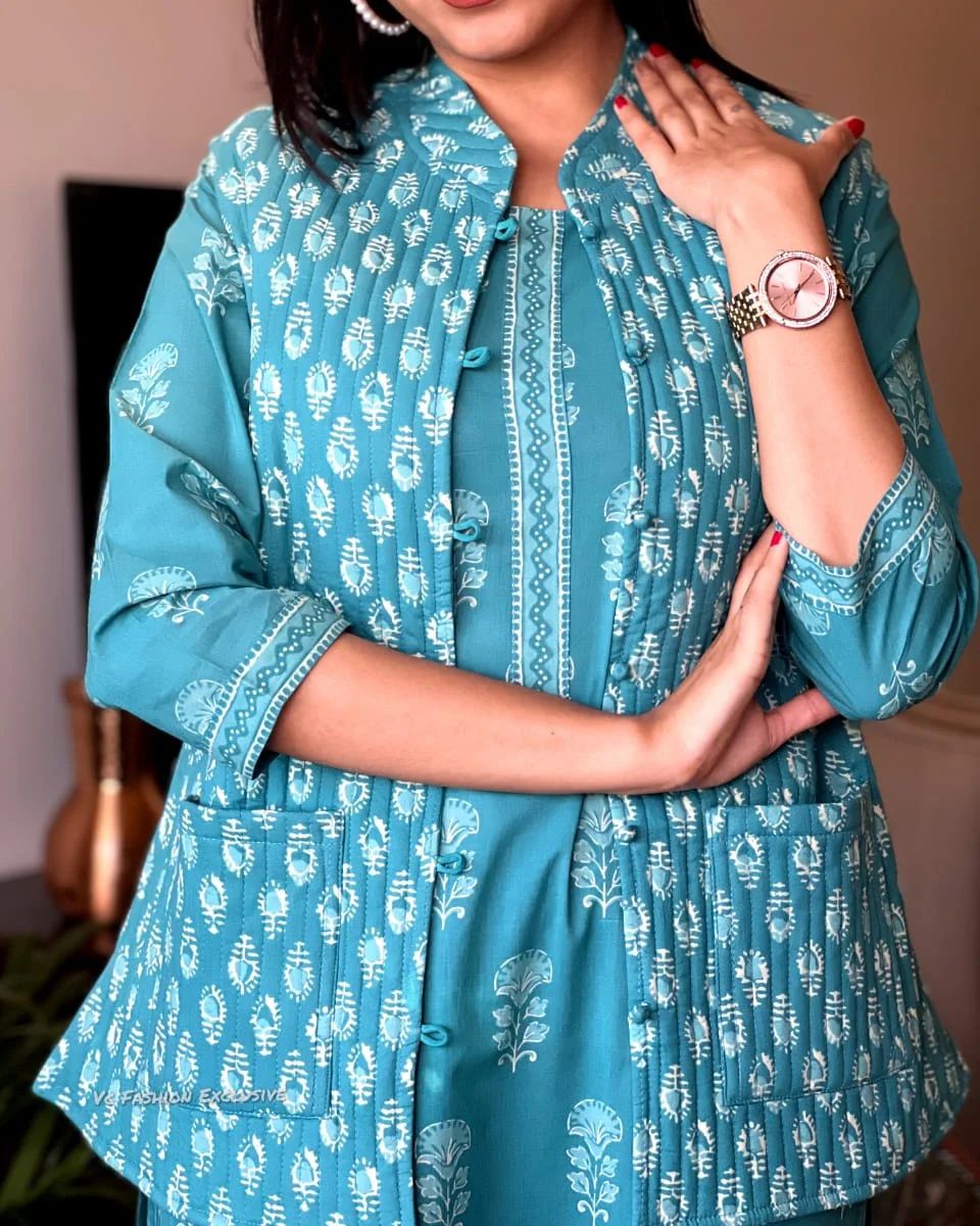 kurti pant set with a quilted cotton jacket - WishTown Fashion Club®