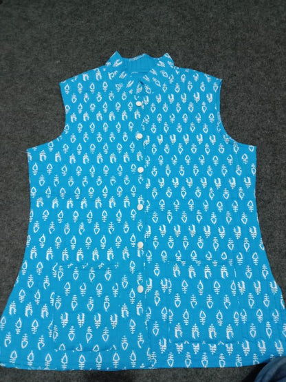 Sky blue ethnic winter kurti pant jacket set back view – WishTown Fashion Club