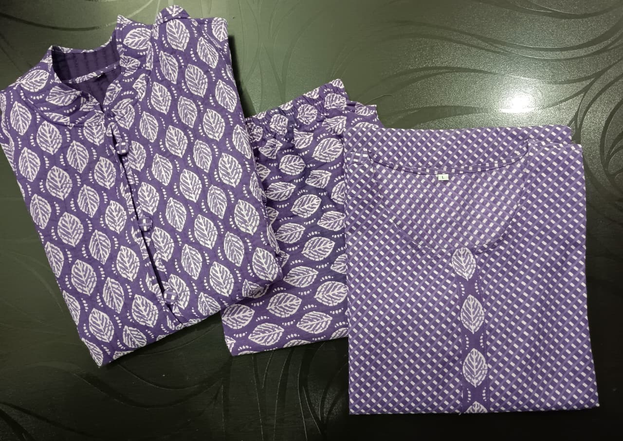 Purple cotton kurti with straight-fit pant winter outfit side view – WishTown Fashion Club